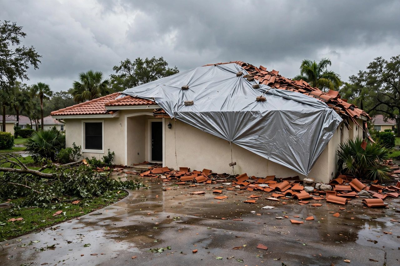 Emergency roof tarping protecting a storm-damaged roof in Orlando, Florida