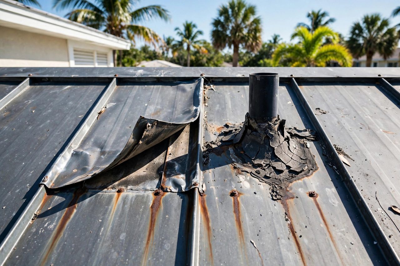 Illustrative before image showing a damaged Orlando roof area, geotagged to Orlando FL