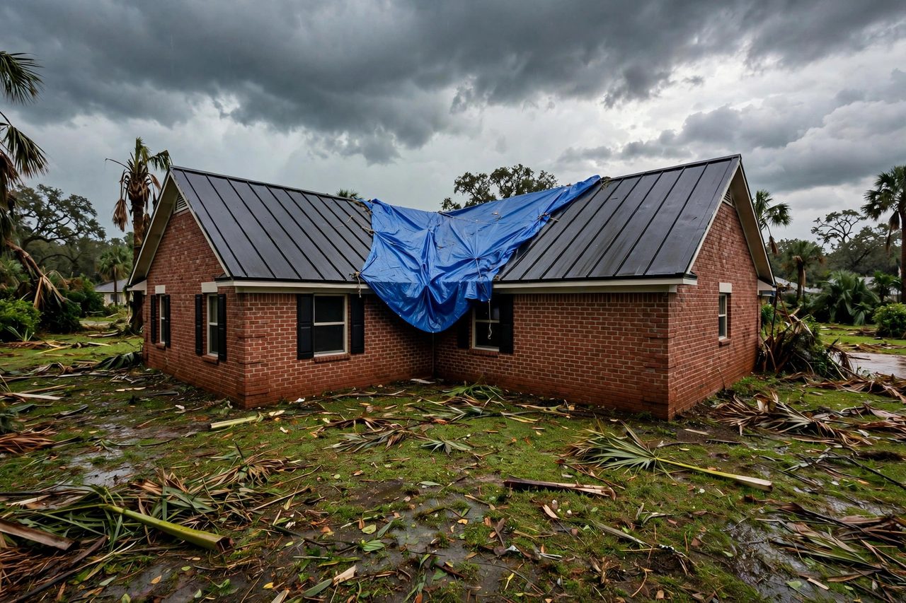 Emergency roof tarping protecting a storm-damaged roof in Orlando, Florida