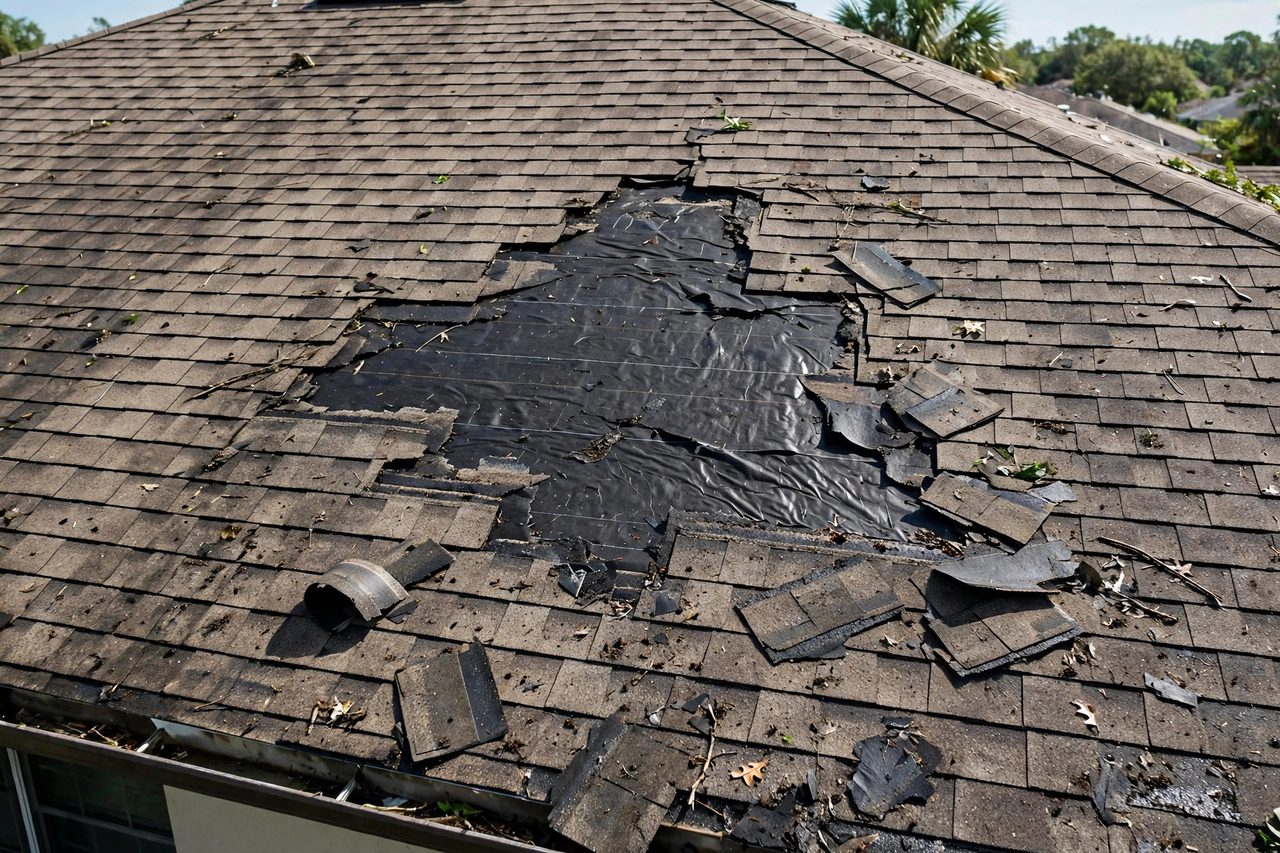 Illustrative before image showing a damaged Orlando roof area, geotagged to Orlando FL