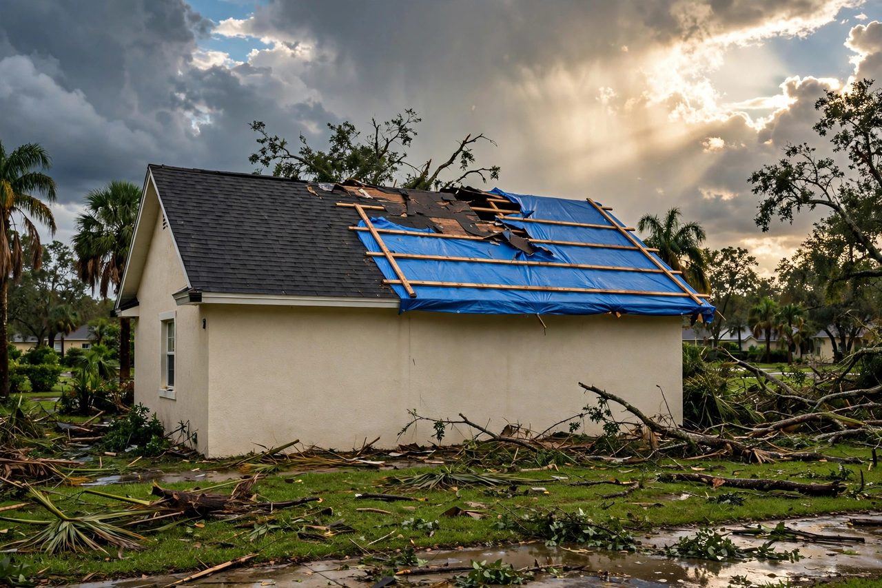 Emergency roof tarping protecting a storm-damaged roof in Orlando, Florida