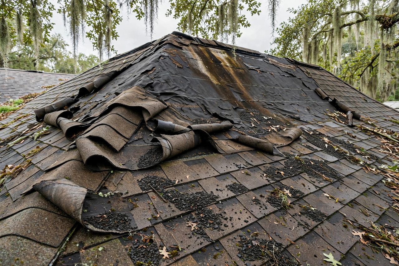 Illustrative before image showing a damaged Orlando roof area, geotagged to Orlando FL
