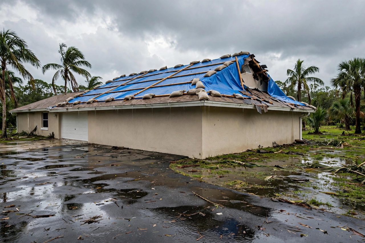 Emergency roof tarping protecting a storm-damaged roof in Orlando, Florida