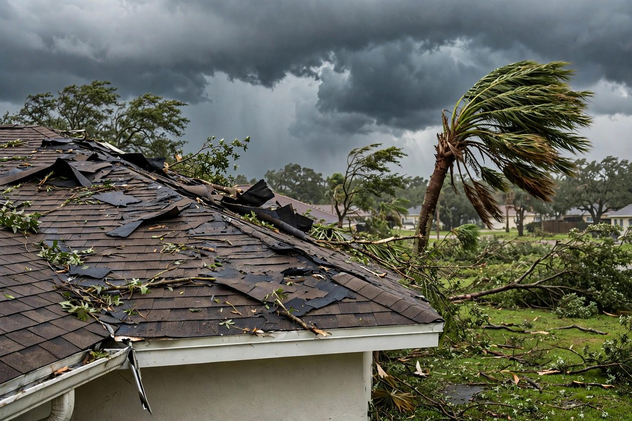 Illustrative before image showing a damaged Orlando roof area, geotagged to Orlando FL
