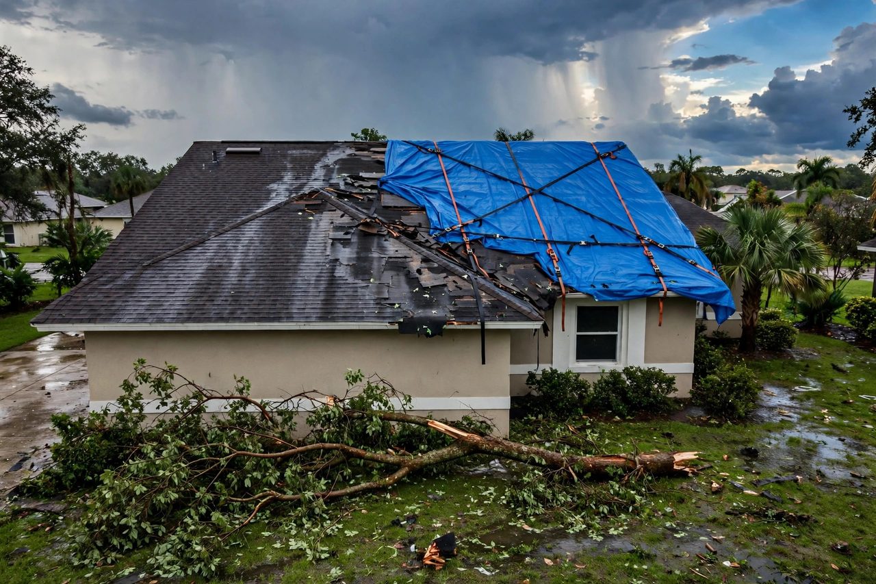 Emergency roof tarping protecting a storm-damaged roof in Orlando, Florida