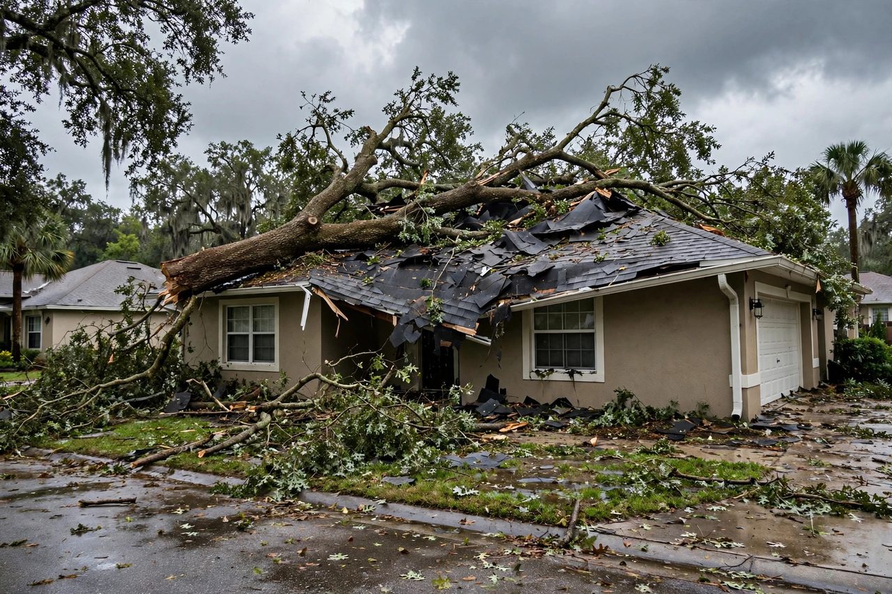 Illustrative before image showing a damaged Orlando roof area, geotagged to Orlando FL