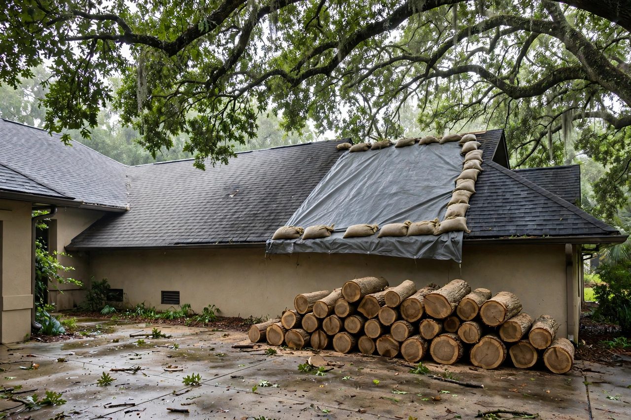 Emergency roof tarping protecting a storm-damaged roof in Orlando, Florida