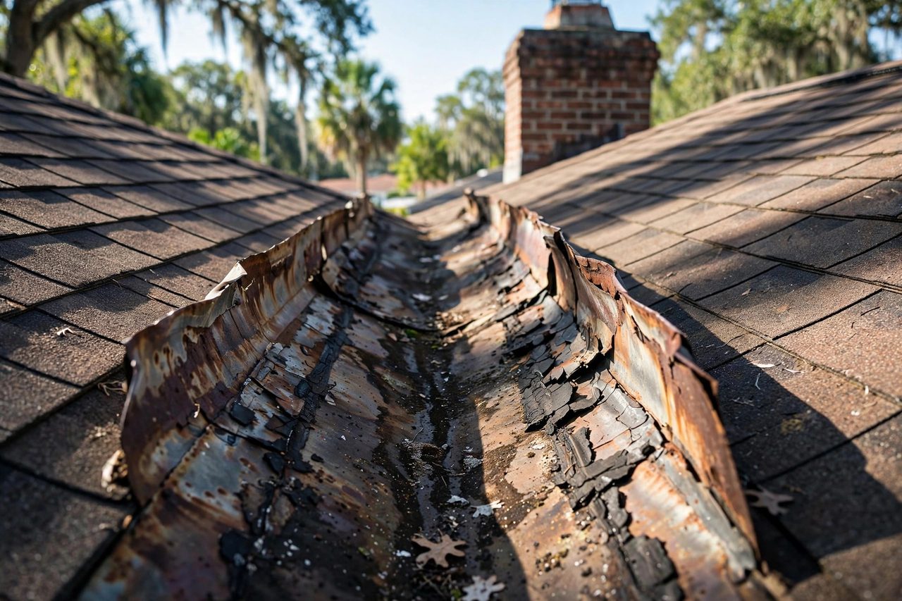 Illustrative before image showing a damaged Orlando roof area, geotagged to Orlando FL