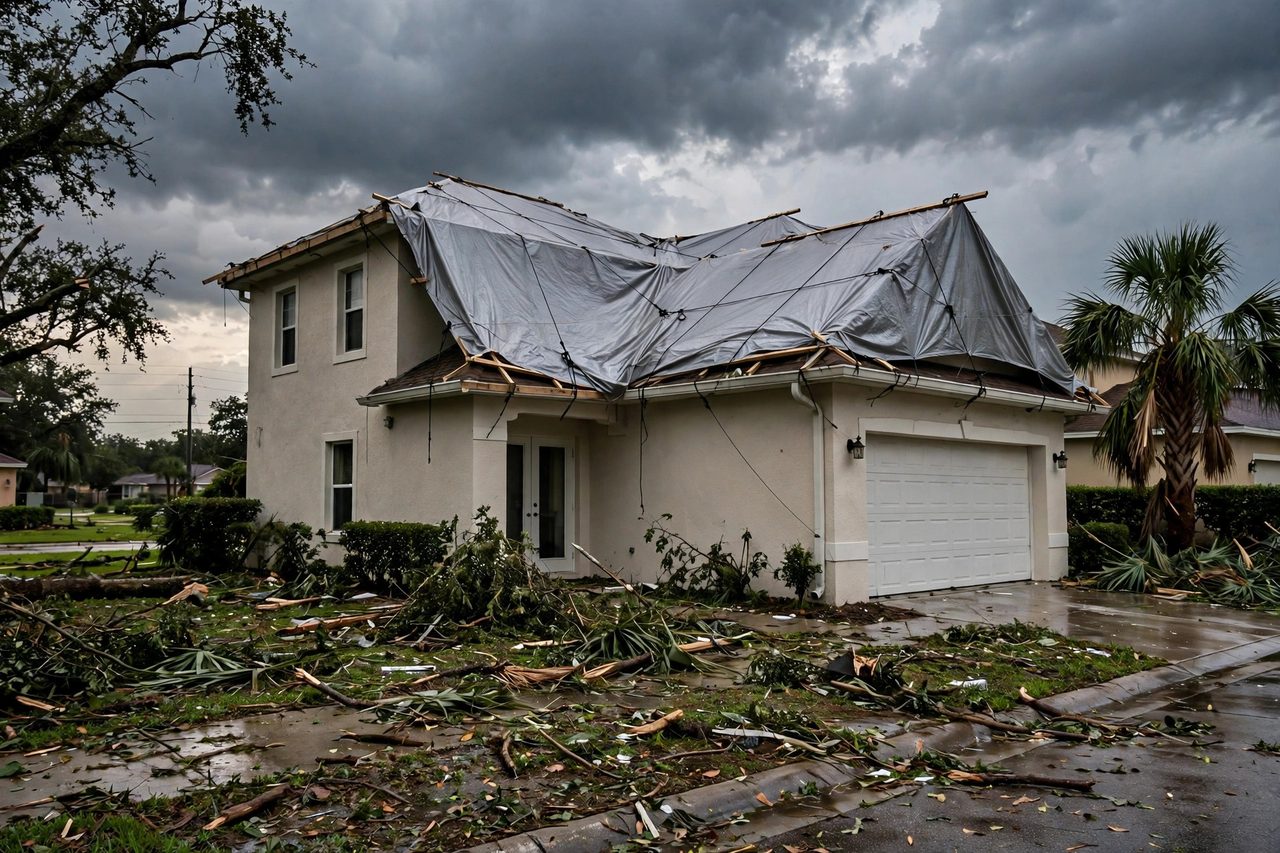 Emergency roof tarping protecting a storm-damaged roof in Orlando, Florida