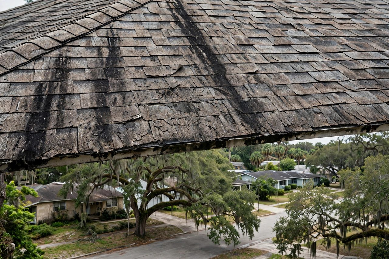 Illustrative before image showing a damaged Orlando roof area, geotagged to Orlando FL