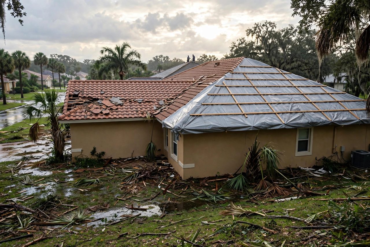Emergency roof tarping protecting a storm-damaged roof in Orlando, Florida