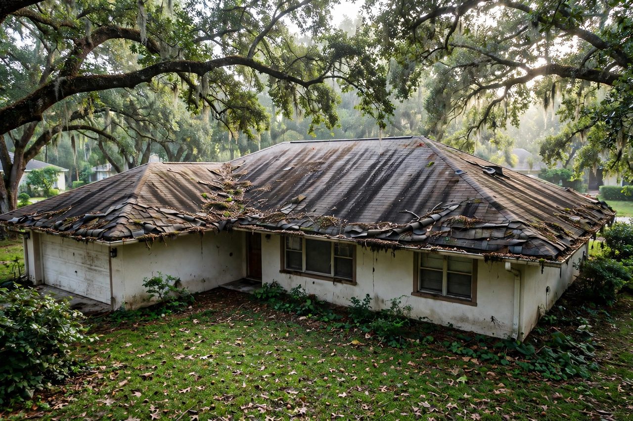 Illustrative before image showing a damaged Orlando roof area, geotagged to Orlando FL
