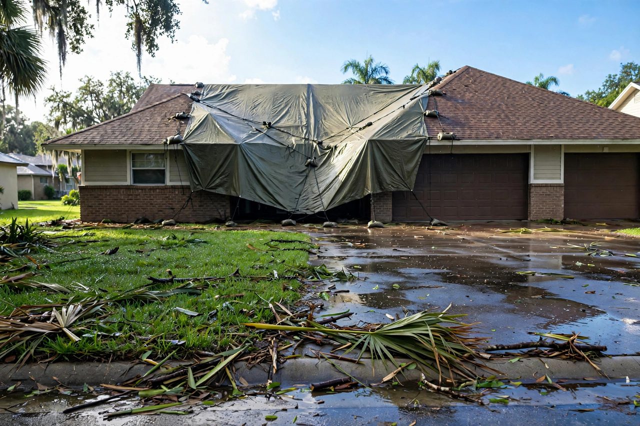 Emergency roof tarping protecting a storm-damaged roof in Orlando, Florida