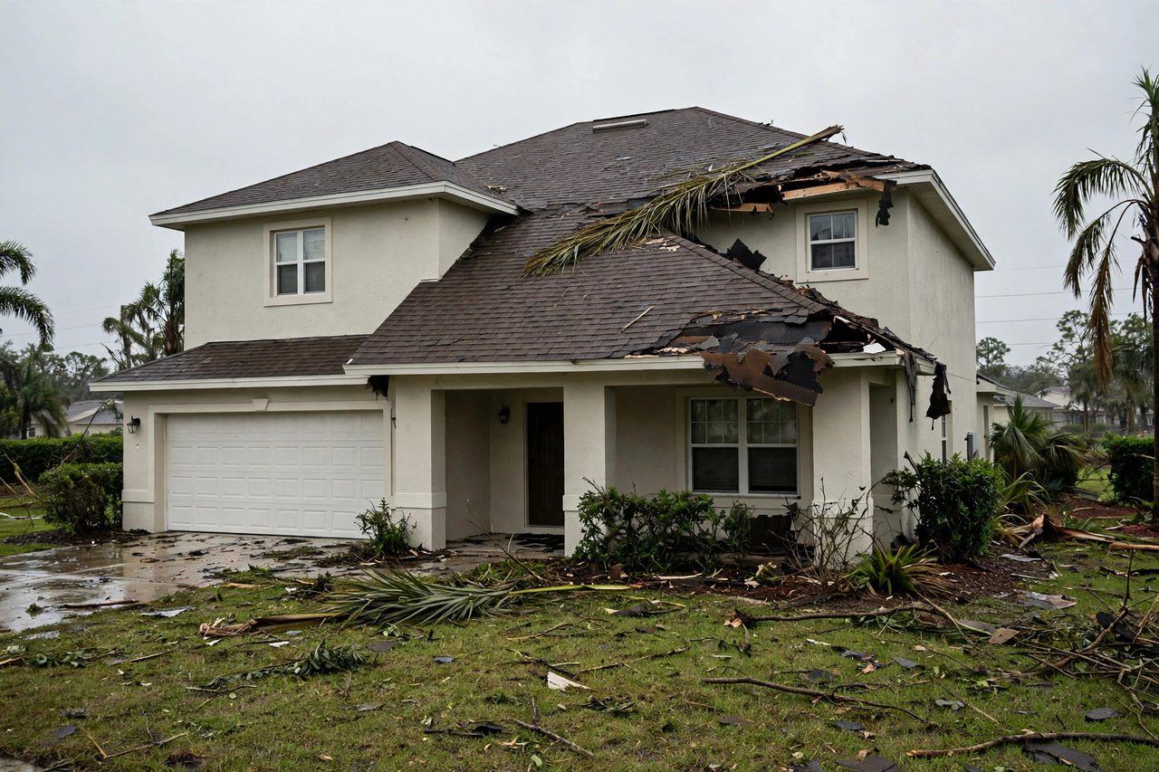 Illustrative before image showing a damaged Orlando roof area, geotagged to Orlando FL
