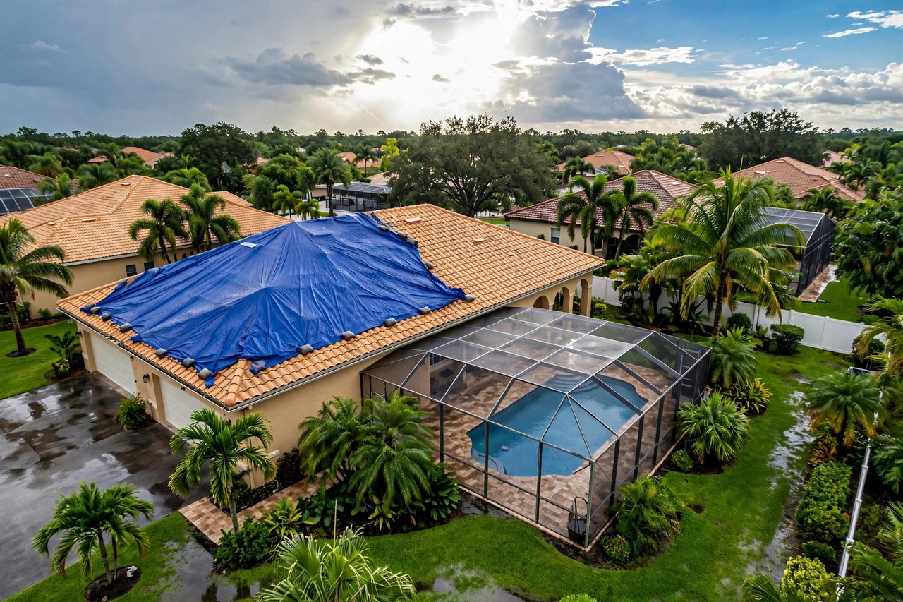 Emergency roof tarping protecting a storm-damaged roof in Orlando, Florida