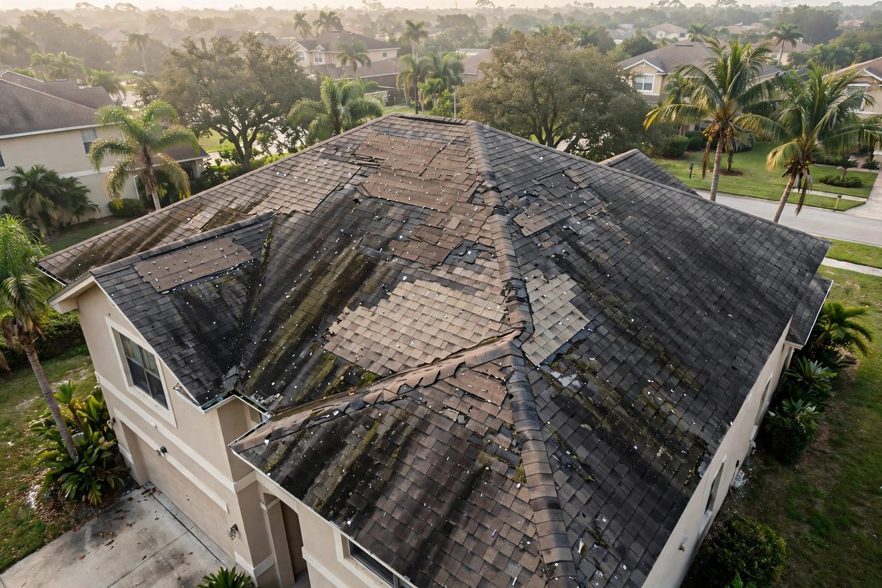 Illustrative before image showing a damaged Orlando roof area, geotagged to Orlando FL