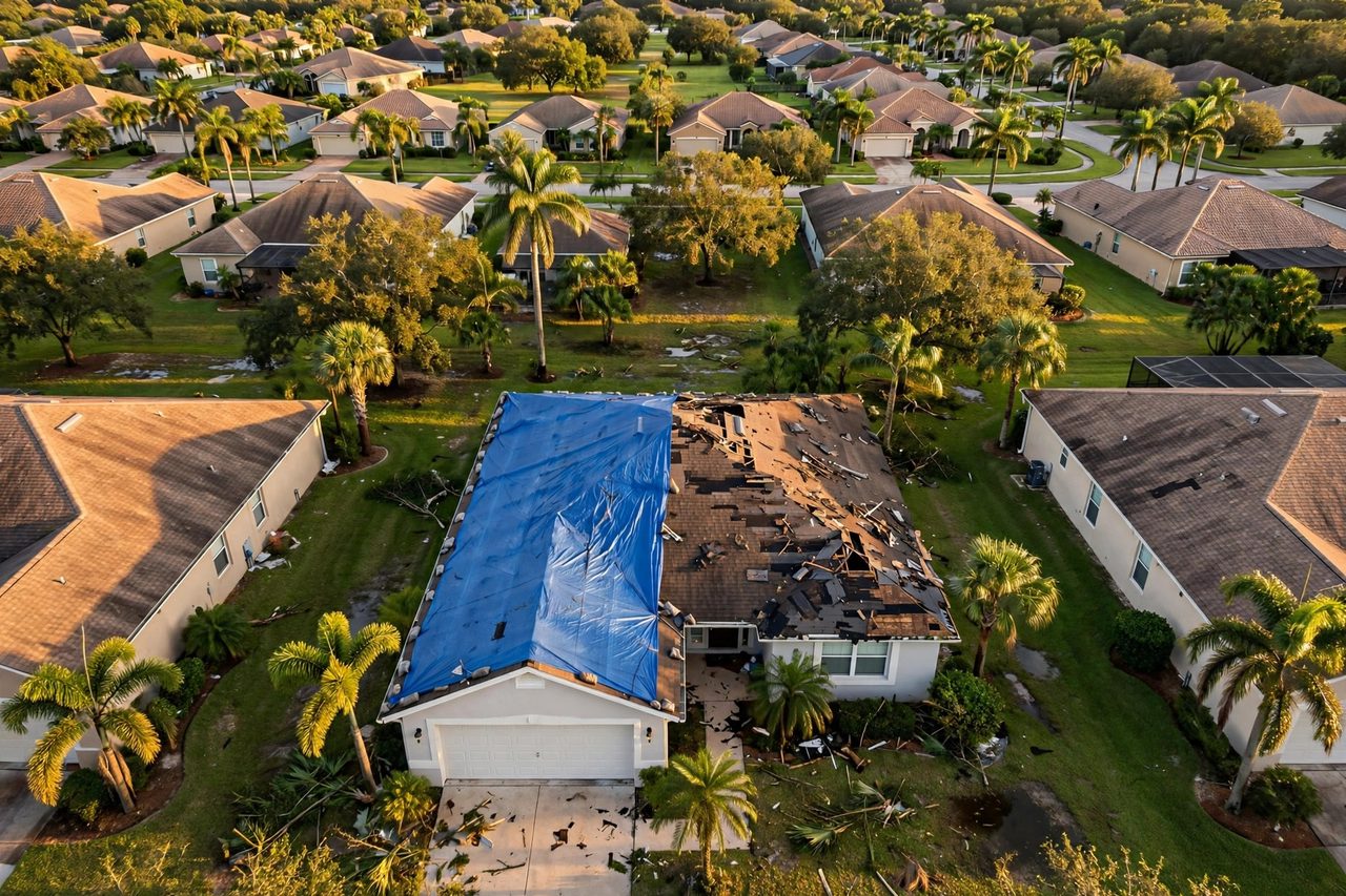Emergency roof tarping protecting a storm-damaged roof in Orlando, Florida