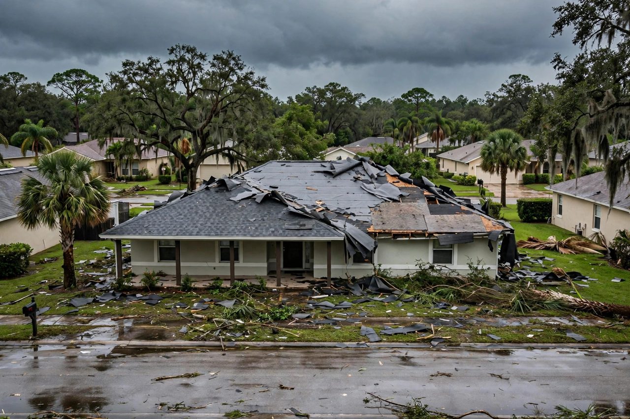 Illustrative before image showing a damaged Orlando roof area, geotagged to Orlando FL