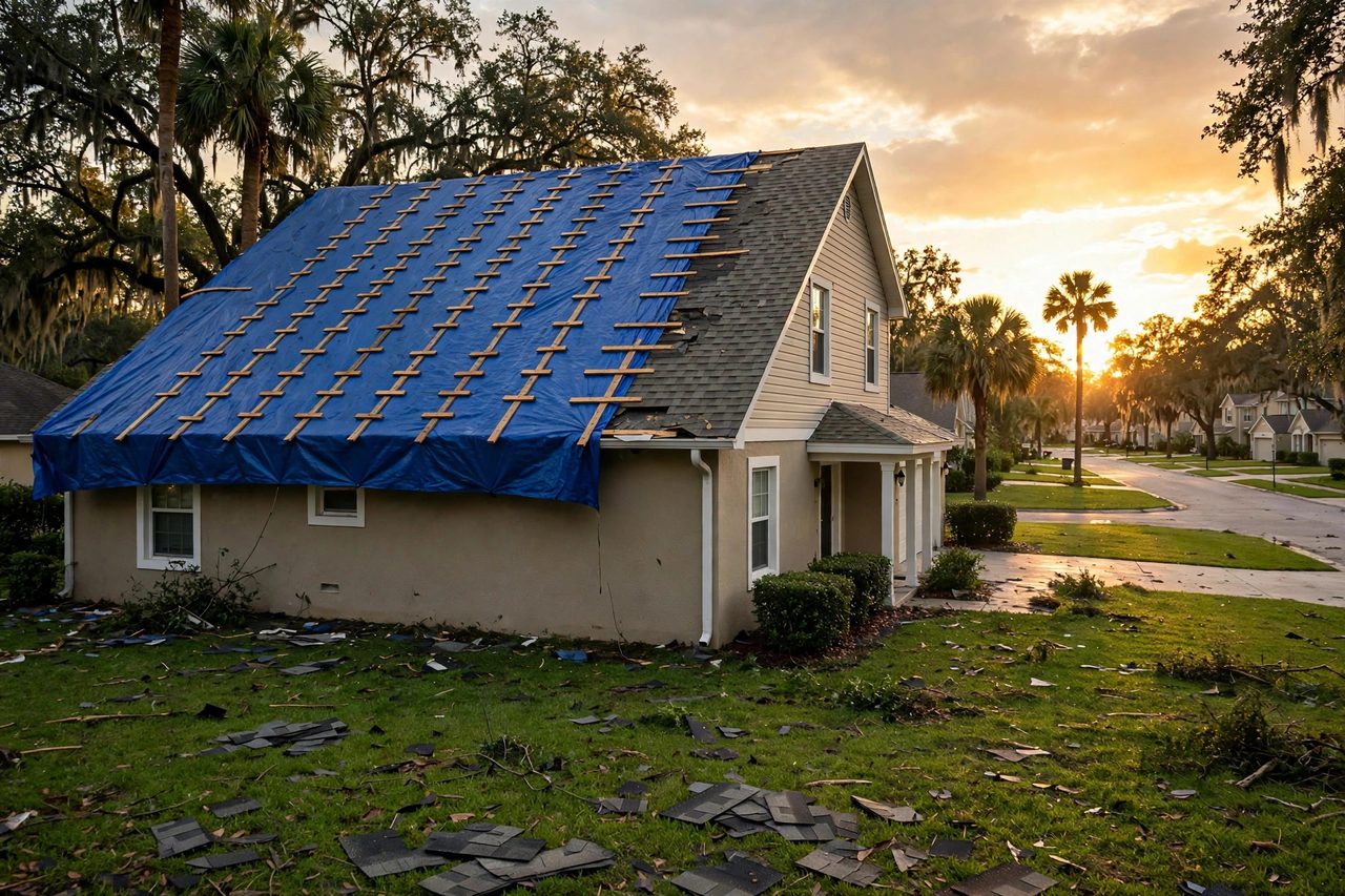 Emergency roof tarping protecting a storm-damaged roof in Orlando, Florida