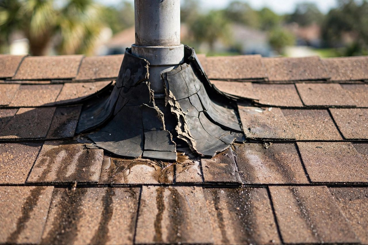 Illustrative before image showing a damaged Orlando roof area, geotagged to Orlando FL