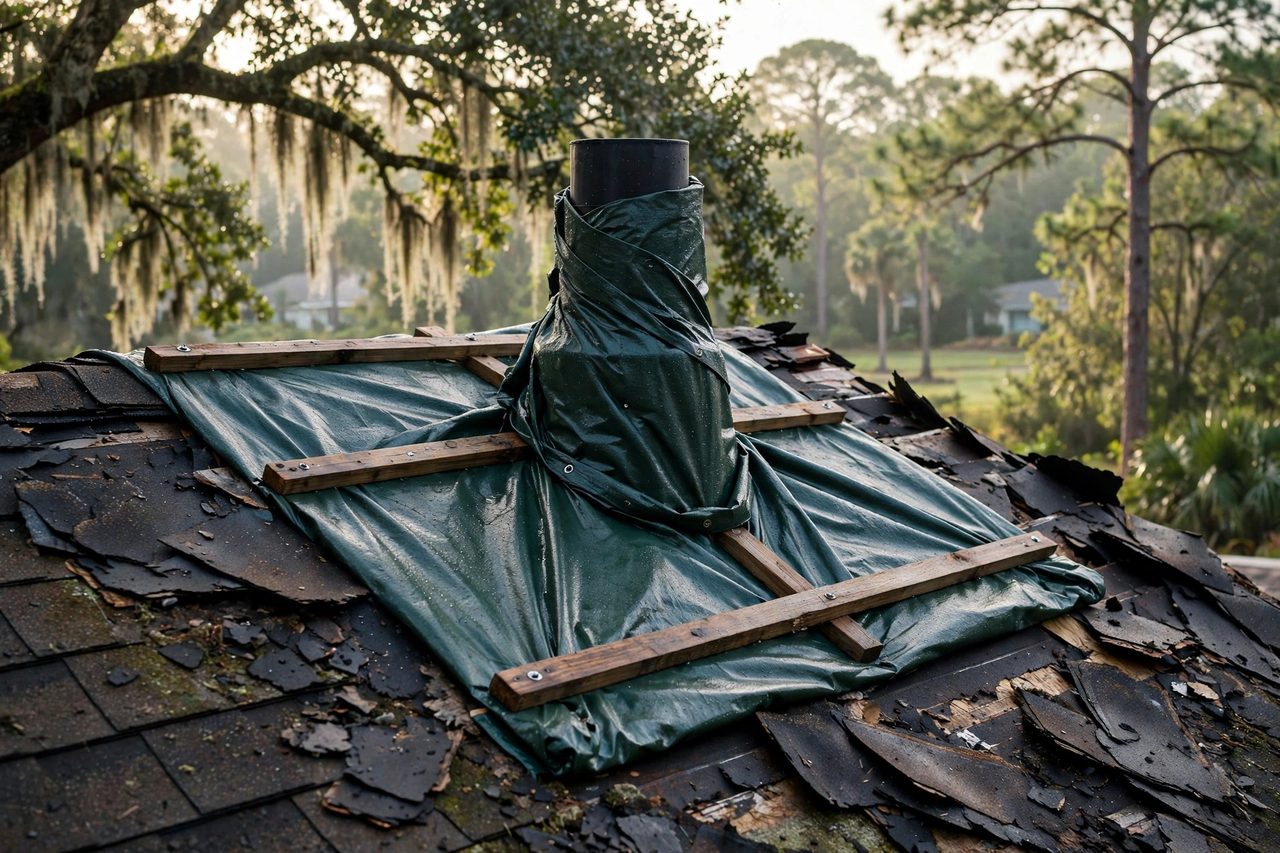 Emergency roof tarping protecting a storm-damaged roof in Orlando, Florida