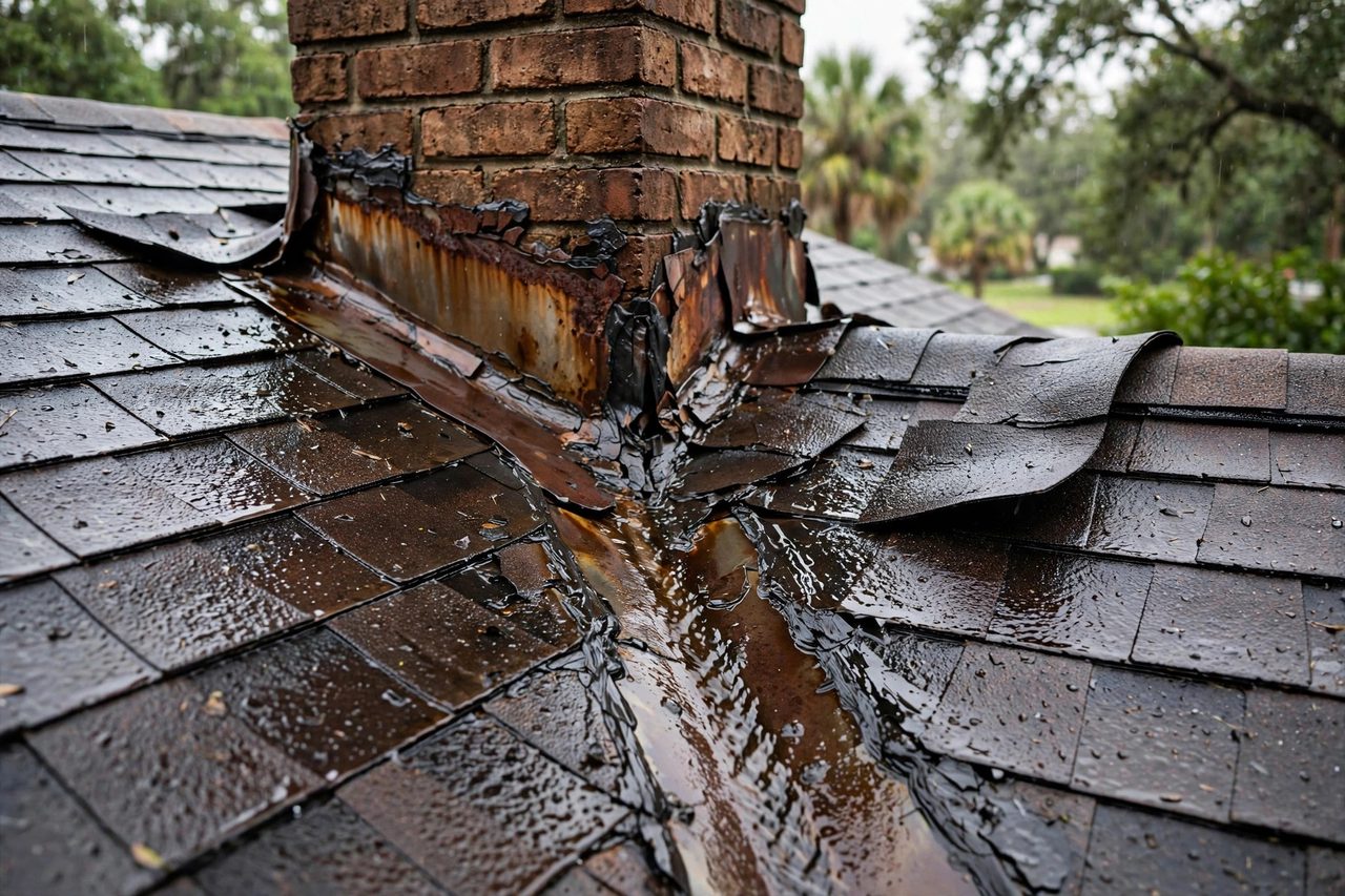 Illustrative before image showing a damaged Orlando roof area, geotagged to Orlando FL