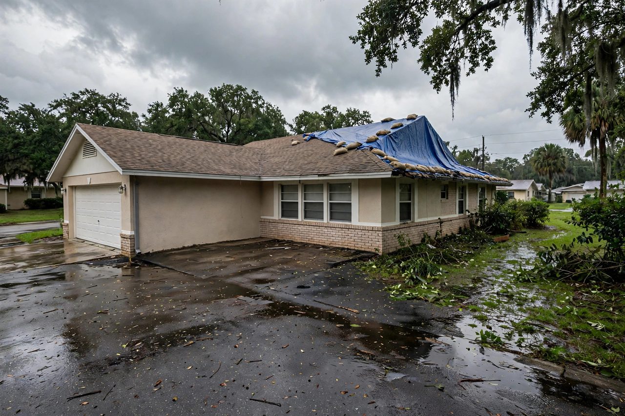 Emergency roof tarping protecting a storm-damaged roof in Orlando, Florida