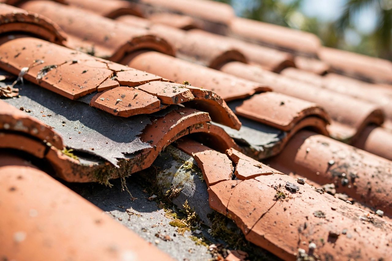 Illustrative before image showing a damaged Orlando roof area, geotagged to Orlando FL