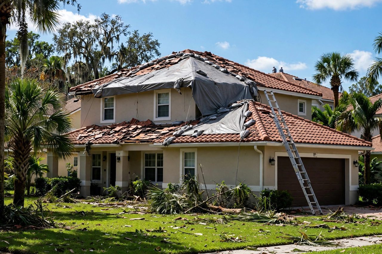 Emergency roof tarping protecting a storm-damaged roof in Orlando, Florida