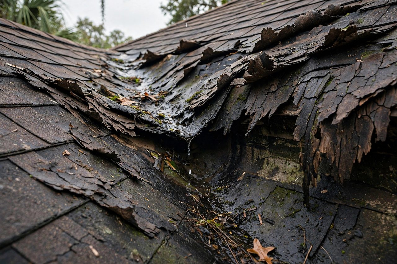 Illustrative before image showing a damaged Orlando roof area, geotagged to Orlando FL