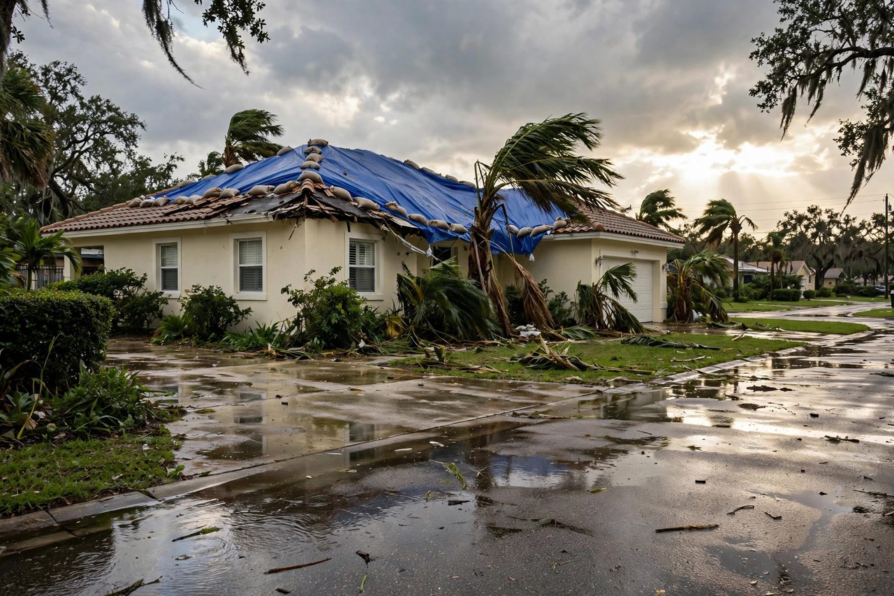 Emergency roof tarping protecting a storm-damaged roof in Orlando, Florida