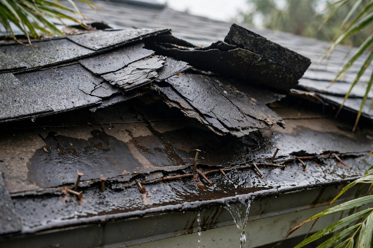 Illustrative before image showing a damaged Orlando roof area, geotagged to Orlando FL