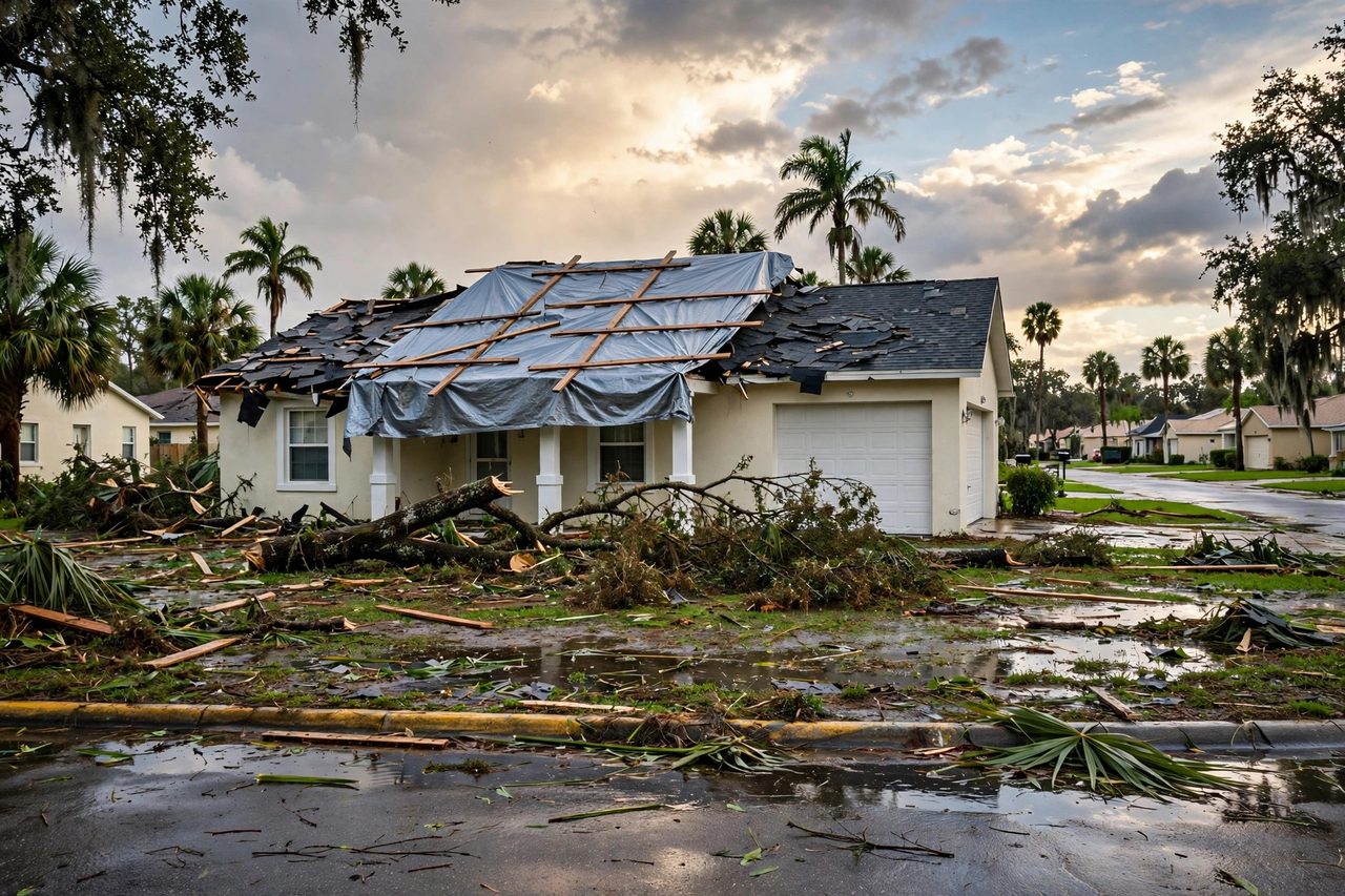 Emergency roof tarping protecting a storm-damaged roof in Orlando, Florida