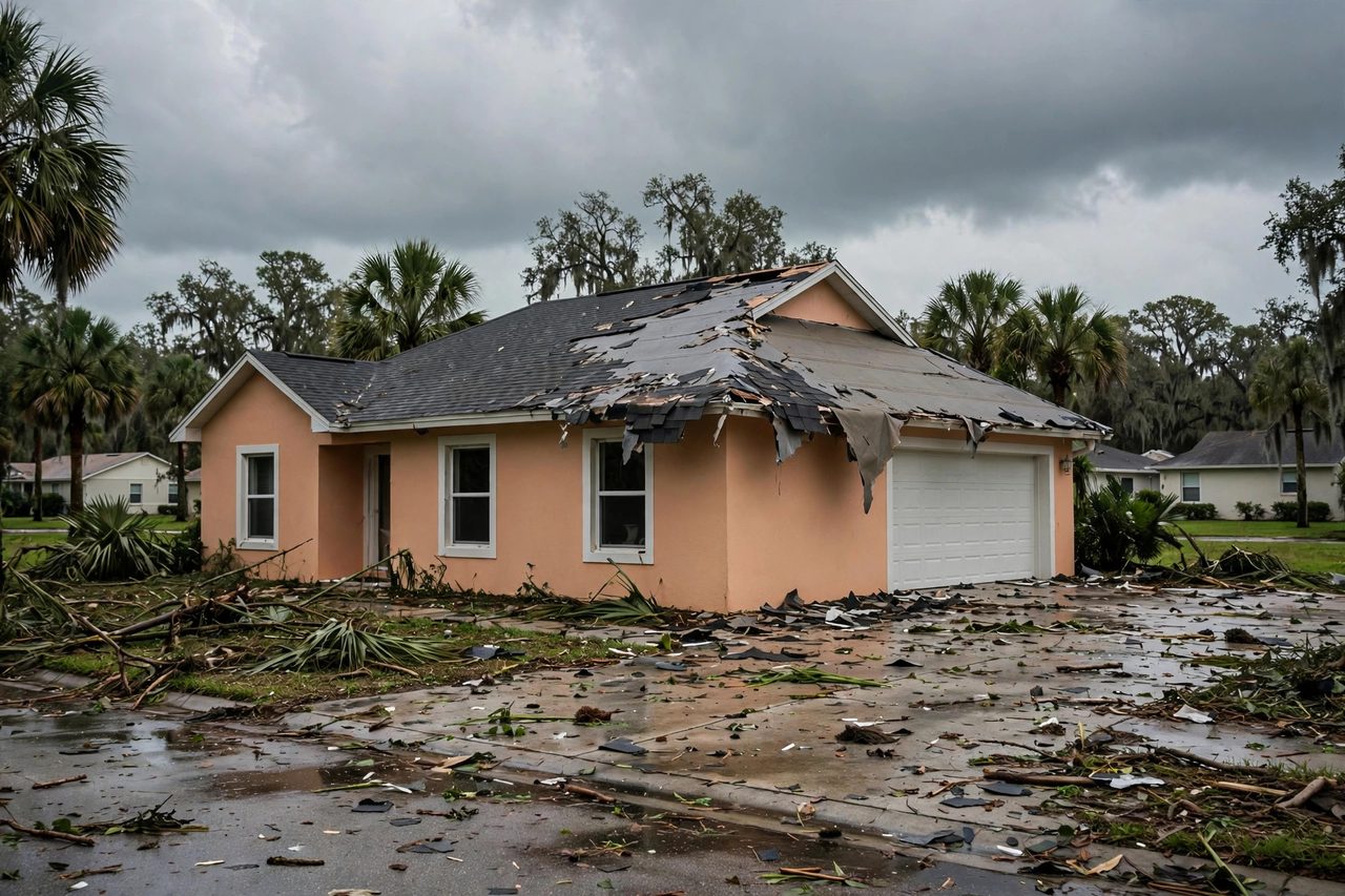 Illustrative before image showing a damaged Orlando roof area, geotagged to Orlando FL