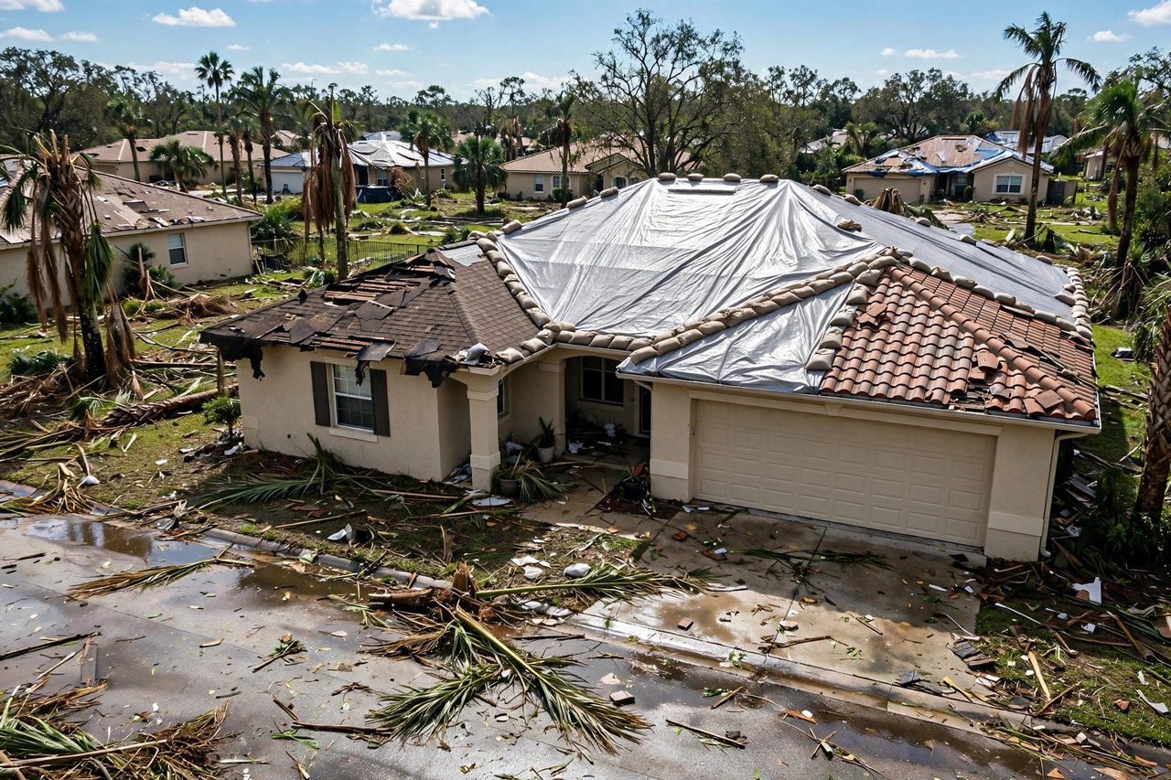 Emergency roof tarping protecting a storm-damaged roof in Orlando, Florida