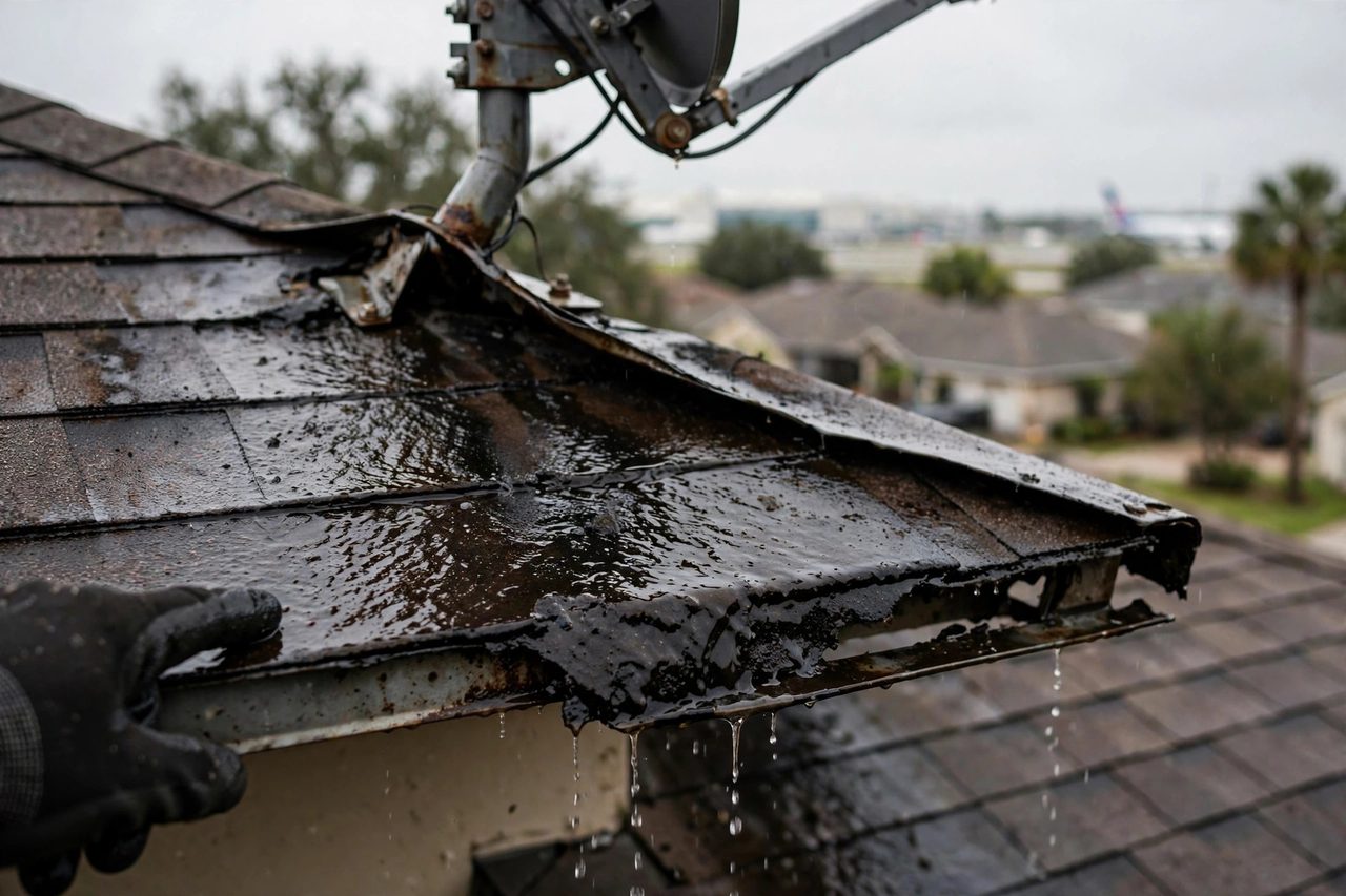 Roof leak and damaged roofing area being assessed in Orlando, Florida