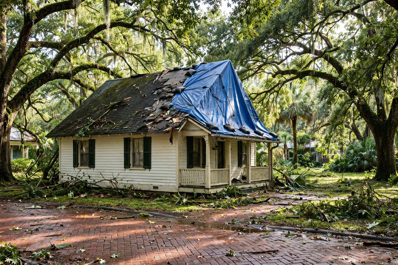 Emergency roof tarping protecting a storm-damaged roof in Orlando, Florida