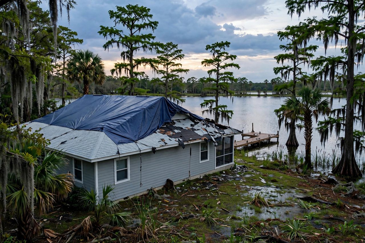 Emergency roof tarping protecting a storm-damaged roof in Orlando, Florida