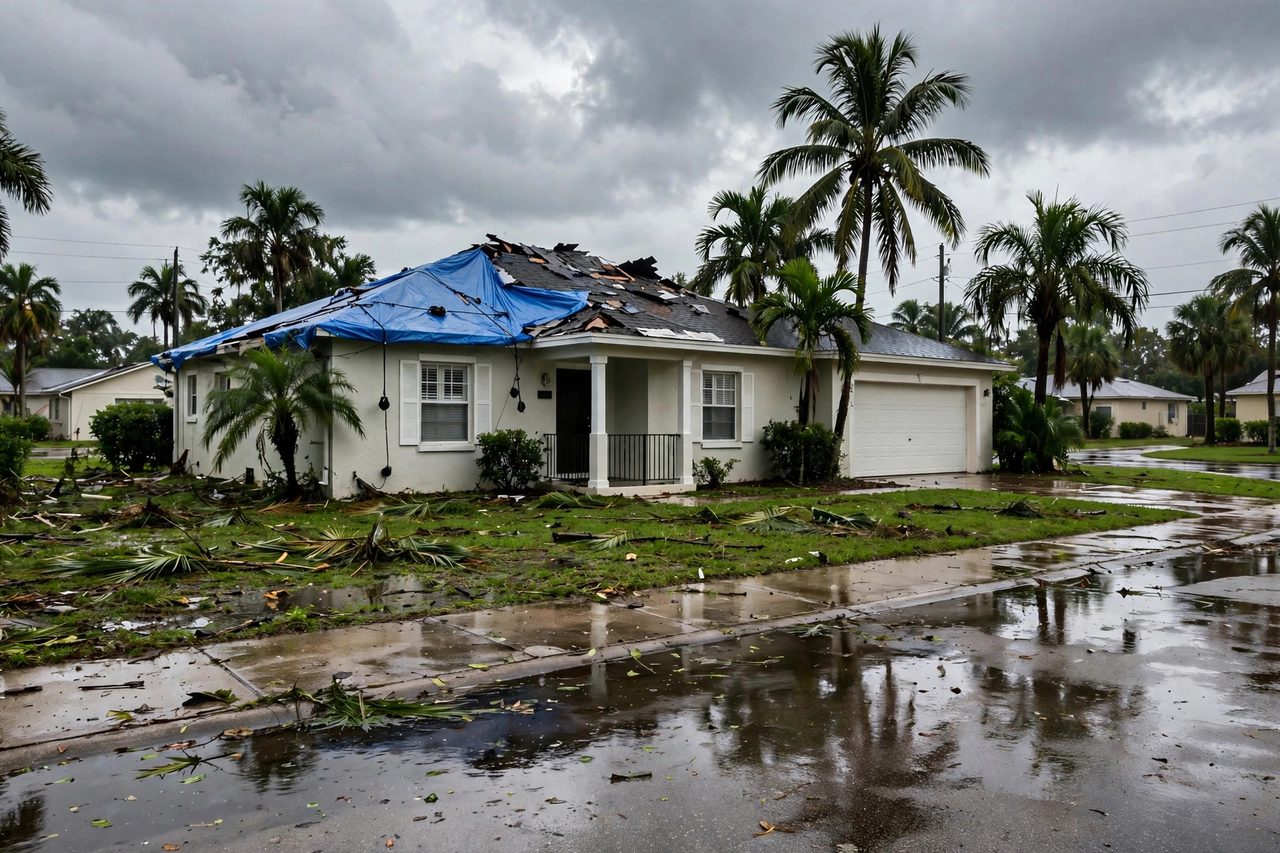 Emergency roof tarping protecting a storm-damaged roof in Orlando, Florida