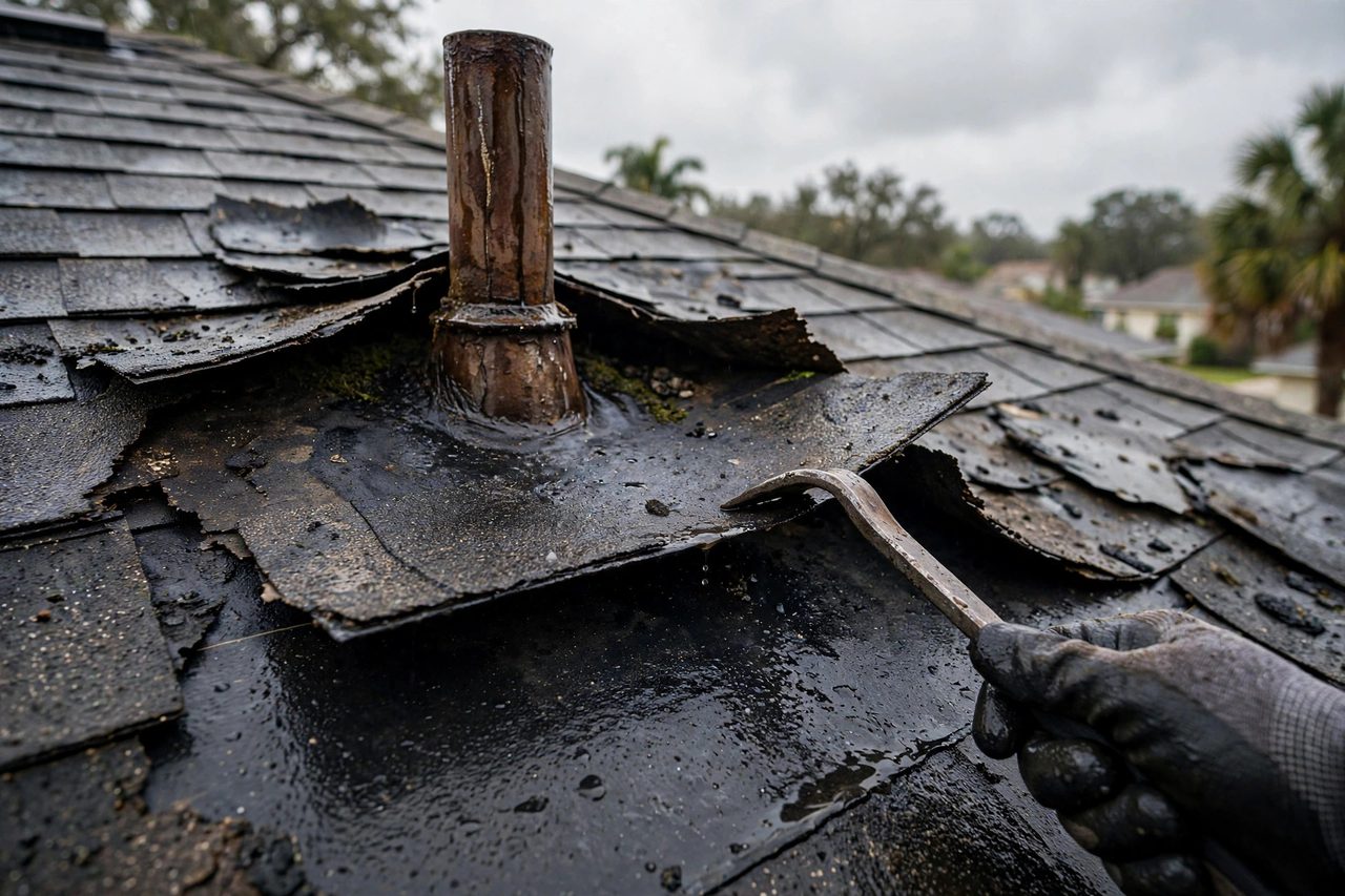 Roof leak and damaged roofing area being assessed in Orlando, Florida