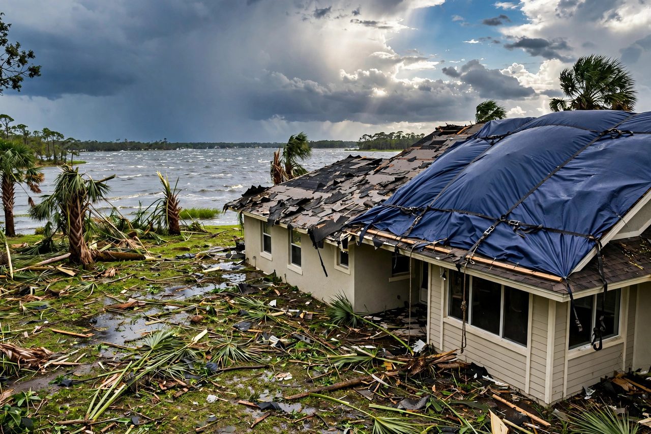 Emergency roof tarping after severe weather in Orlando, Florida