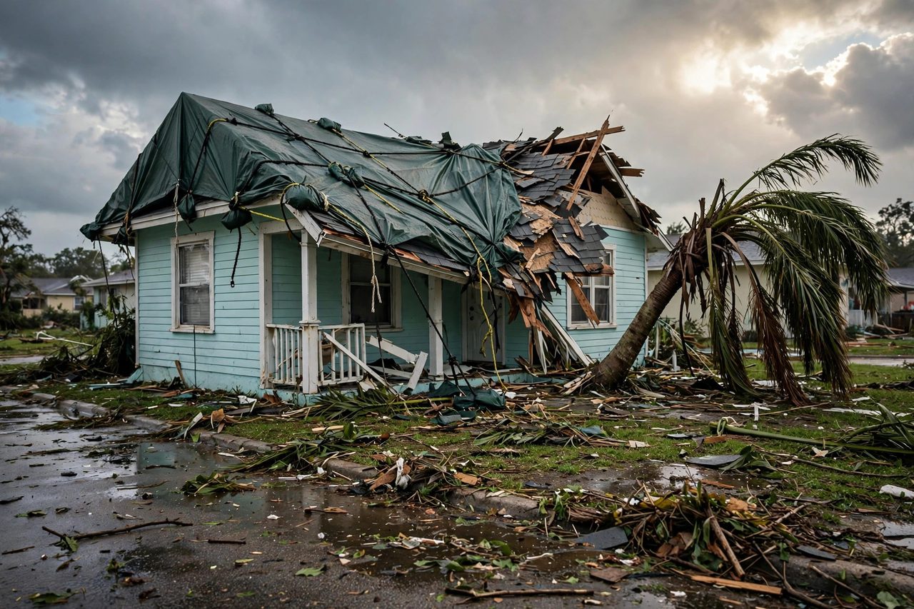 Emergency roof tarping after severe weather in Orlando, Florida