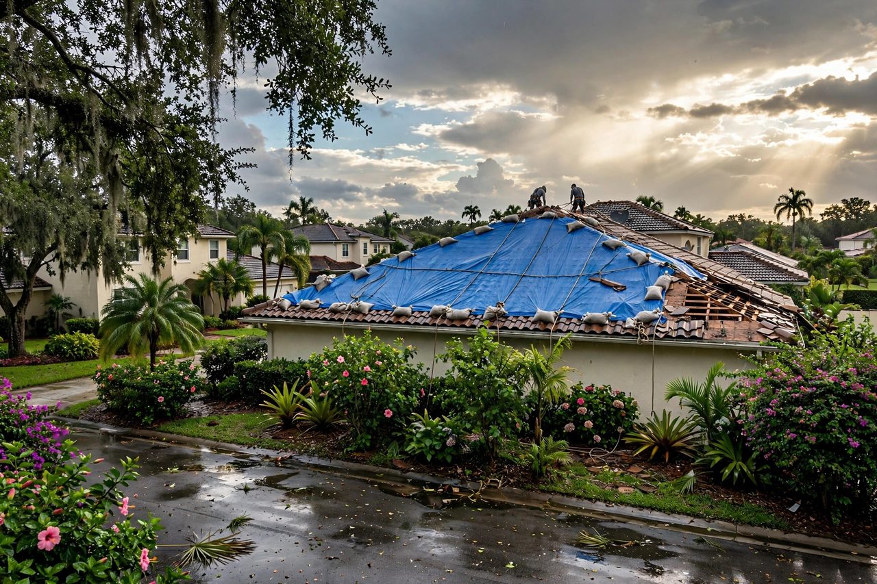 Emergency roof tarping after severe weather in Orlando, Florida