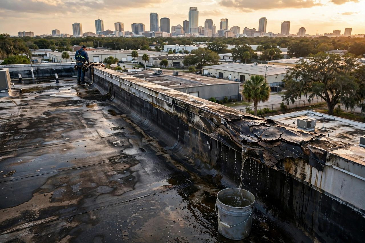 Roof leak and damaged roofing area being assessed in Orlando, Florida