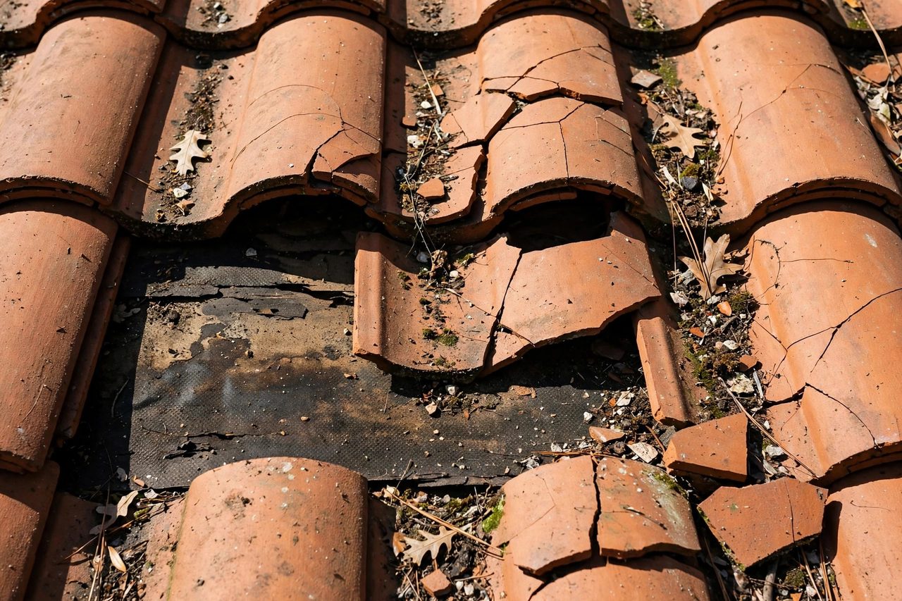 Illustrative before image showing a damaged Orlando roof area, geotagged to Orlando FL