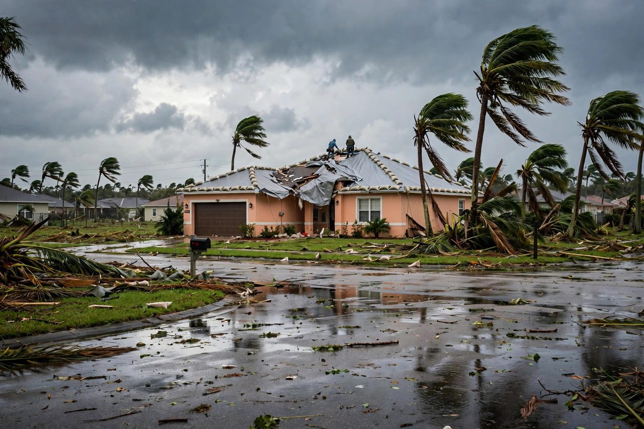 Emergency roof tarping protecting a storm-damaged roof in Orlando, Florida