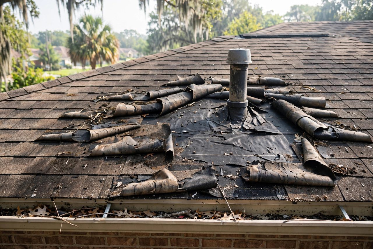 Illustrative before image showing a damaged Orlando roof area, geotagged to Orlando FL