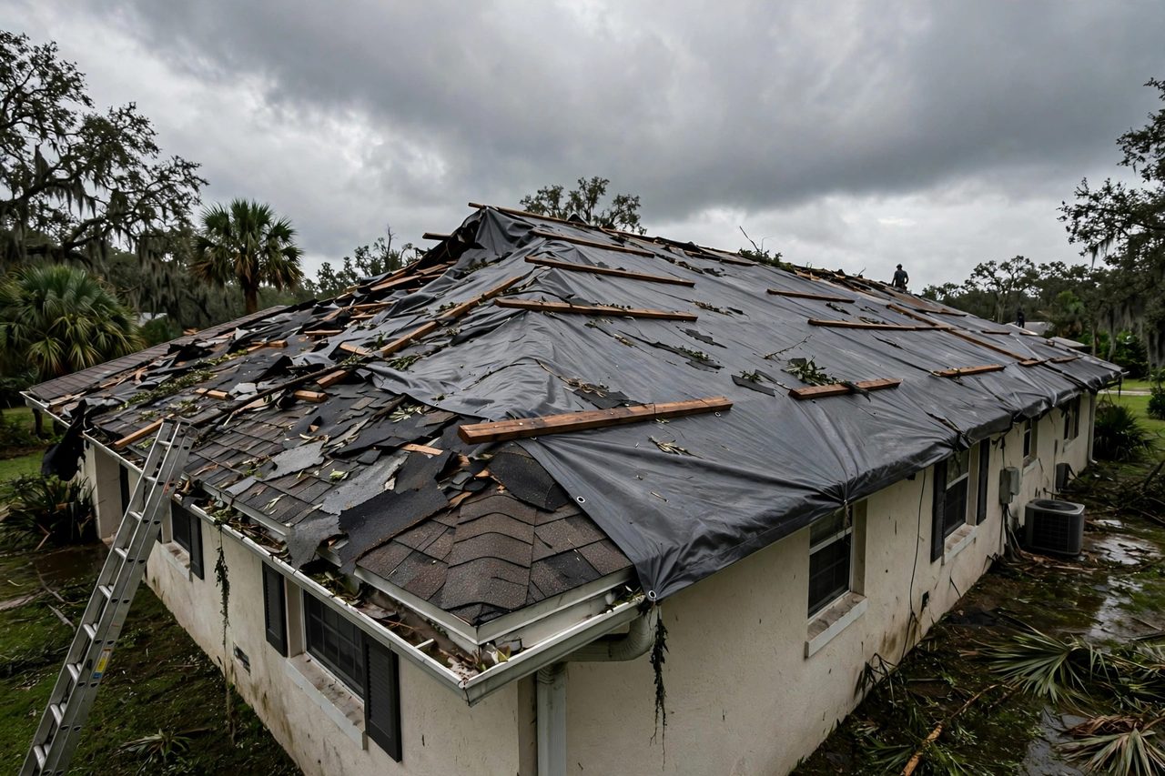 Emergency roof tarping protecting a storm-damaged roof in Orlando, Florida