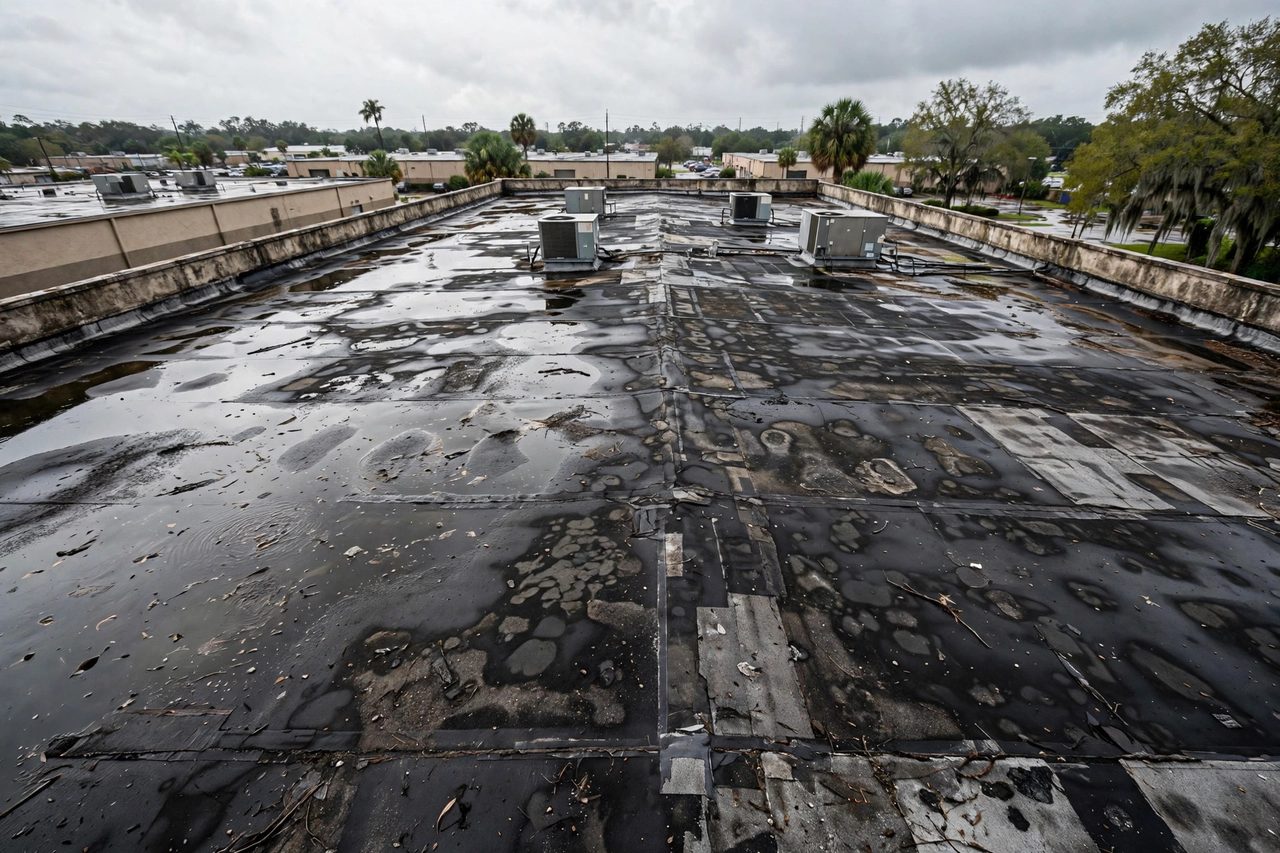 Illustrative before image showing a damaged Orlando roof area, geotagged to Orlando FL
