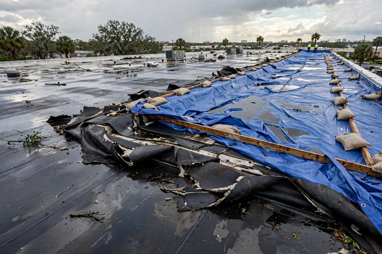 Emergency roof tarping protecting a storm-damaged roof in Orlando, Florida